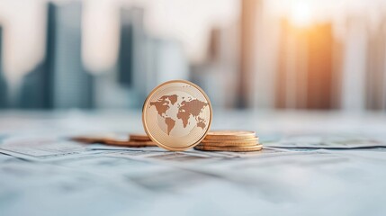 Poster - a golden coin with a world map engraved on it, resting on a stack of banknotes from different countr