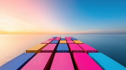 Poster - a cargo ship loaded with colorful shipping containers sailing towards a sunrise, symbolizing the glo