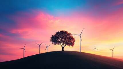 Poster - a lone tree silhouetted against a dramatic sunset sky with wind turbines in the background, represen