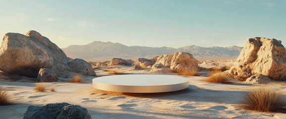 Poster - A round platform in the desert landscape surrounded by rocks and natural terrain, with mountains in the background showcasing a vast, empty space in an open, sunlit environment.