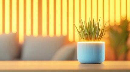 Poster - a modern living room bathed in warm evening light, with smart lights illuminating the space and a vo