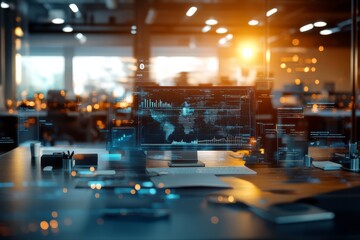 Poster - Modern workspace featuring advanced technology with data visualization during sunset
