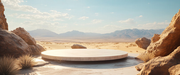 Poster - A circular platform in a desert landscape surrounded by rocks, with a distant mountain range and clear blue sky, symbolizing an empty stage or mockup for showcasing products or concepts.