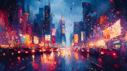 Leinwandbilder - Vibrant nighttime city lights reflecting on wet urban streets in a modern futuristic metropolis  Skyscrapers and high rise buildings illuminate the rainy cityscape with a dramatic glowing atmosphere