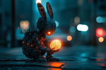 Poster - Robot bunny holding glowing orb in a futuristic urban setting during twilight