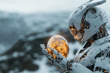 Poster - Robot holding a glowing orb in a snowy landscape during twilight reflecting advanced technology and futuristic themes