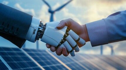 Leinwandbilder - A human and a robotic hand shake, symbolizing collaboration between technology and sustainability against a backdrop of solar panels and wind turbines.