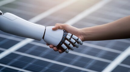 Leinwandbilder - A human hand shakes hands with a robotic arm, symbolizing partnership between technology and humanity against a backdrop of solar panels.