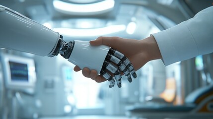 Poster - A robotic hand shakes a human hand in a futuristic setting, symbolizing the collaboration between technology and humanity.