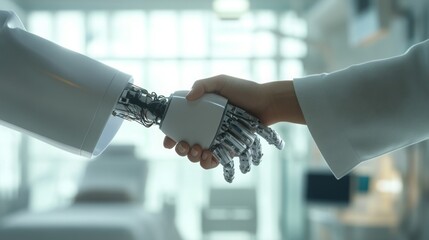 Poster - A robotic hand and a human hand are shaking, symbolizing collaboration between technology and humanity in a modern healthcare setting.