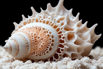 Poster - Beautiful sea shell displaying intricate patterns and textures, resting gently on fine sand