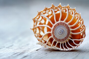 Poster - Detailed close-up of a nautilus shell showcasing intricate patterns and textures on a wooden surface