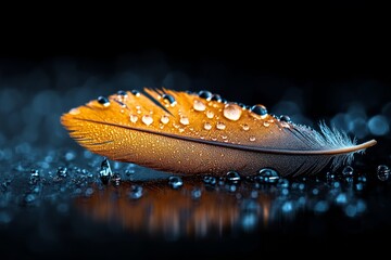 Poster - Feather with water droplets reflecting light on a dark surface in a serene setting