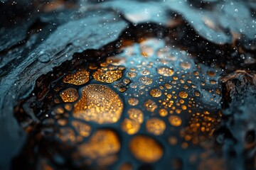 Poster - Droplets collect on a rocky surface under soft lighting creating a mesmerizing golden effect