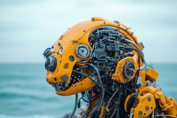 Poster - Intricate robotic creature with mechanical features overlooks the ocean under a cloudy sky