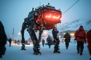 Poster - Robot creature walking through snowy terrain with people at night in a remote location