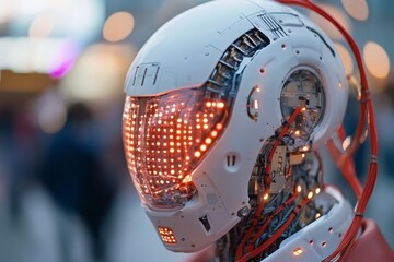 Poster - Modern robotic head display featuring intricate circuitry and illuminated elements in a bustling urban setting during the evening