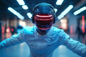 Poster - Futuristic individual in sleek helmet and suit showcasing high-tech attire in neon-lit urban environment