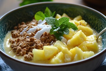 A healthy and delicious breakfast bowl with a tropical smoothie base, topped with pineapple chunks, shredded coconut, granola, and a touch of mint, evoking a refreshing start to the day.