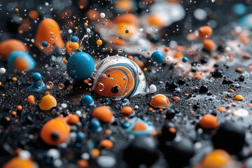 Poster - Colorful drops and splashes create a vibrant abstract display on a dark surface