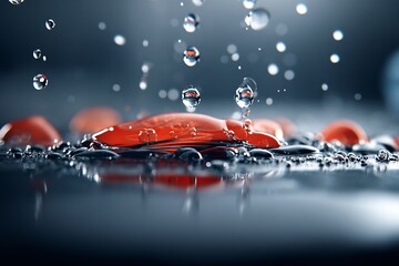 Poster - Vivid red capsule experiences dynamic splash in clear water droplets during captivating close-up moment