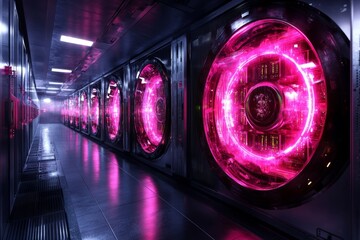 Aufkleber - A 3D isometric rendering of a high-tech data center with cooling fans, massive servers, and blinking neon indicators