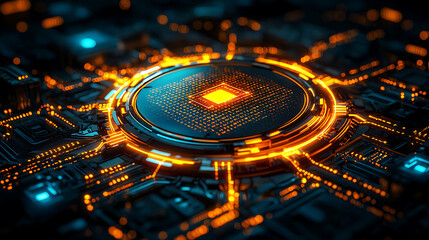 Poster - Closeup of a futuristic microchip, glowing orange and blue.  Hightech, abstract design perfect for technology, AI, or digital concepts. Ideal for websites, presentations, and marketing materials.
