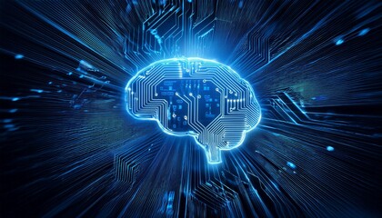 Poster - intricate circuit board with illuminated brain symbol representing artificial intelligence technolog