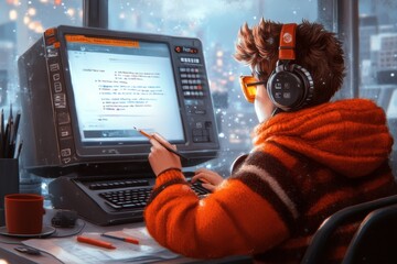 Poster - A 8-bit pixel art of a student sitting at a desk, taking a placement test on a retro-style computer