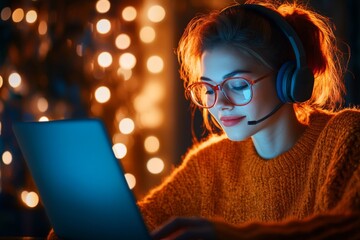 Poster - A call center employee wearing a headset, working full-time in customer service