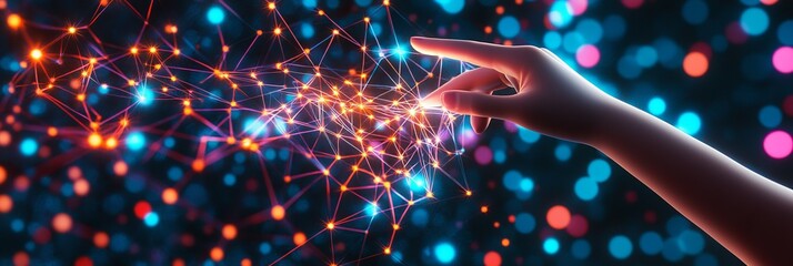 Poster - Hand Interacting With Glowing Network, Representing Technology, Innovation, And Connection.