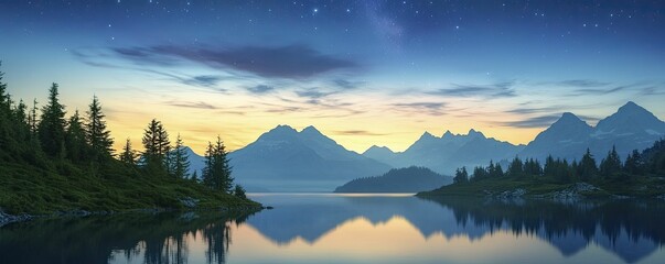 Sticker - Tranquil mountain lake at dusk with gentle ripples, darkened trees, and a breathtaking star-filled sky, fostering peaceful evening thoughts.