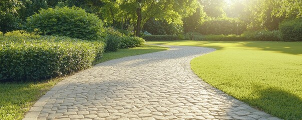 Poster - Charming sunlit garden pathways winding through lush greenery, soft shadows dancing on cobblestones, evoking peace and serenity in nature.