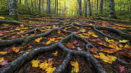 Poster - Enchanting forest hideaway featuring a carpet of colorful autumn leaves, gnarled roots intertwining, and soft whispers of wind through branches.