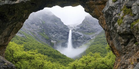 Poster - Captivating concealed mountain waterfall surrounded by rugged cliffs and swirling mist.