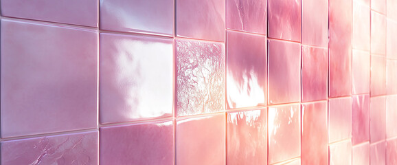Poster - Close-up of pink glazed ceramic tiles arranged in a grid pattern, showcasing smooth, shiny, and reflective surfaces, evoking a sense of modern interior design and stylish decor.