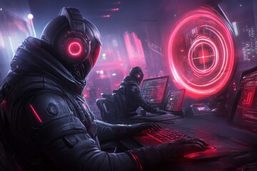 Poster - A cyberpunk-inspired underground computer center with neon-lit monitors, hackers typing on futuristic keyboards, and a dark urban aesthetic