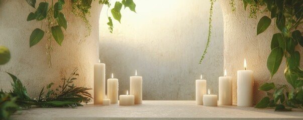 Poster - Serene sunrise rituals peaceful meditation with soft morning light illuminating a tranquil space filled with candles and nature elements.