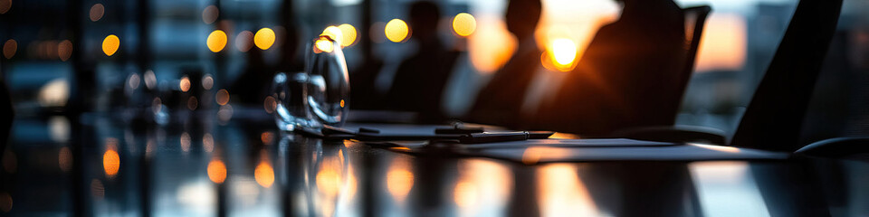 Wall Mural - Conference Table with Glasses, Pens, and Papers at Sunset