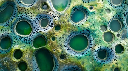 Poster - Abstract fluid art, vibrant green and blue circular patterns, organic shapes create a mesmerizing visual texture, ideal for backgrounds.