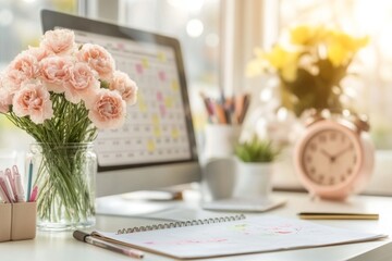 Poster - A desk cluttered with sticky notes, a calendar marked with urgent deadlines, and a computer displaying a to-do list