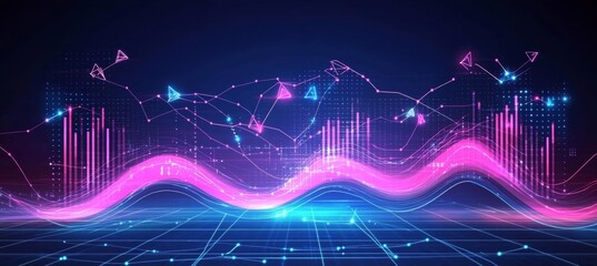 Poster - Glowing Chart Data Lines Digital Finance Background. High-tech Stock Trading Graph Trend.