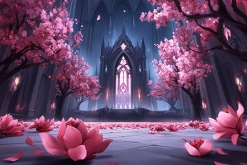 Poster - A dreamy watercolor illustration of a fantasy palace main hall, glowing with ethereal light