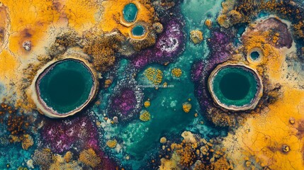 Poster - Colorful abstract artwork, vivid blue circles surrounded by vibrant textures, ideal for modern decor or inspiring creativity.