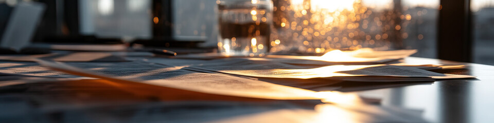 Wall Mural - Papers on Table in Sunset Light