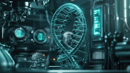 Poster - D-rendered DNA double helix with futuristic bioengineering visuals.