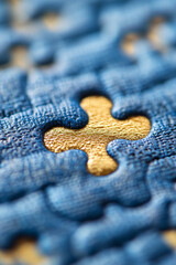 Fototapete - Close-up of a golden puzzle piece placed in the center of a blue puzzle, symbolizing the key element in completing a task, solution, or concept.