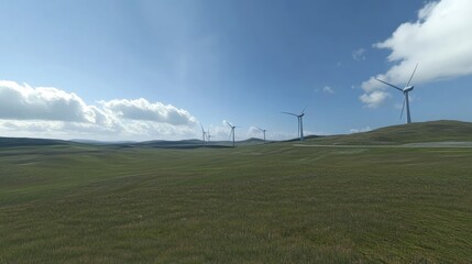 Poster - A modern wind farm with multiple wind turbines spinning on rolling hills.
