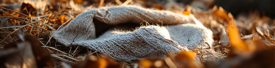 Wall Mural - Beige Knitted Fabric on Dried Grass and Leaves