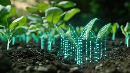 Poster - Bioinformatics in agricultural science visualized with glowing plant DNA.